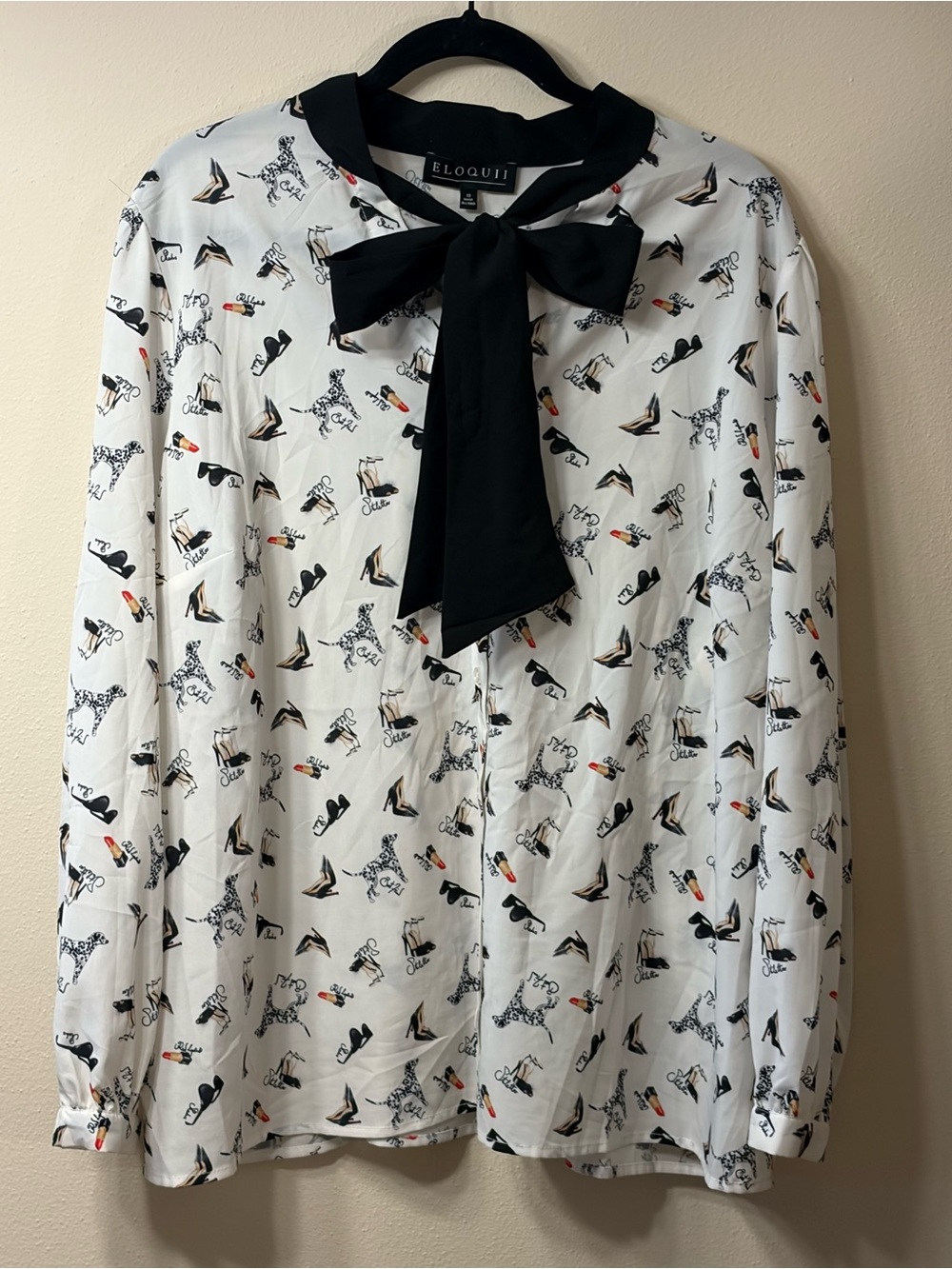 Eloquii White Print Blouse with Black Bow Detail